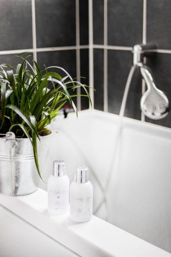 A bathroom with a tub, shower head and plants.